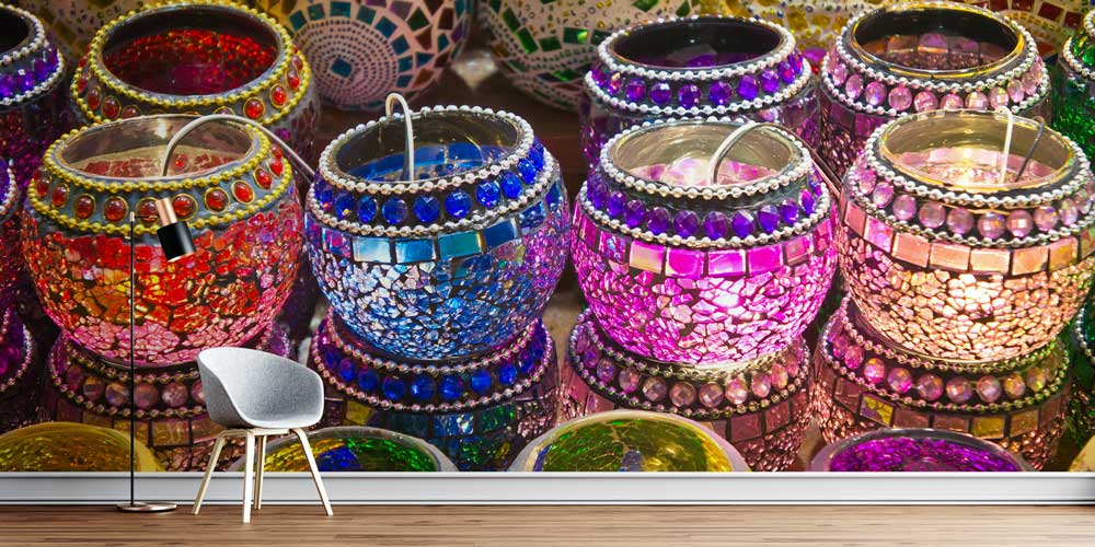 Renkli Cam Mozaik Mumluk Desenli Geleneksel Duvar Kağıdı 11638