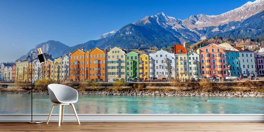 wallpaper-wall-decor-12953-00 Renkli Evler ve Dağlar Duvar Kağıdı 12953