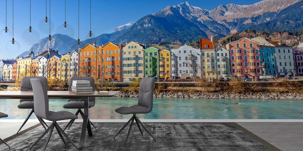 wallpaper-wall-decor-12953-02 Renkli Evler ve Dağlar Duvar Kağıdı 12953