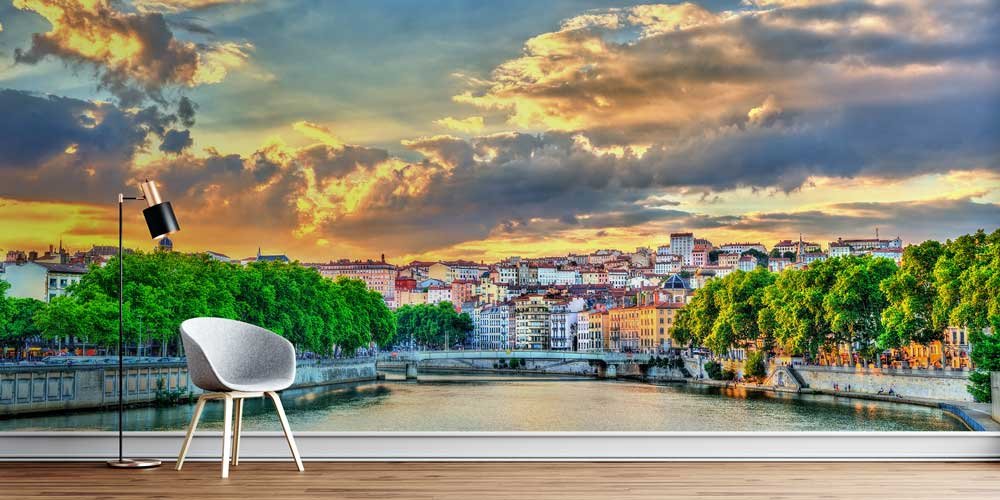 wallpaper-wall-decor-13017-00 Gün Batımında Göl Kıyısı Şehir Manzaralı Duvar Kağıdı 13017