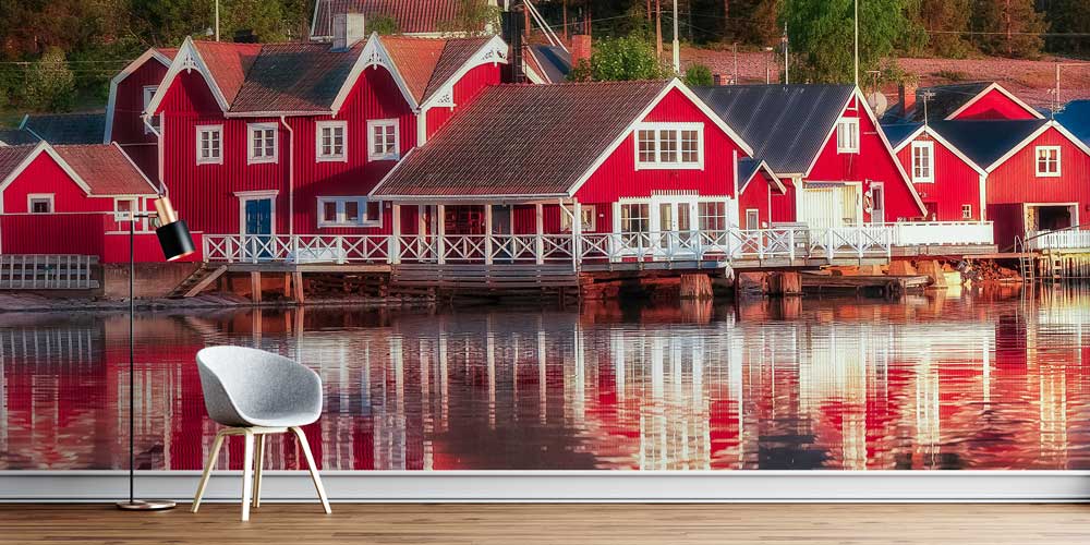 Kırmızı İskandinav Balıkçı Evleri Manzaralı Avrupa Duvar Kağıdı 13028
