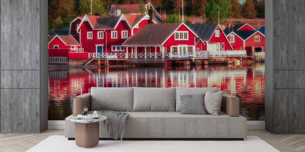 Kırmızı İskandinav Balıkçı Evleri Manzaralı Avrupa Duvar Kağıdı 13028