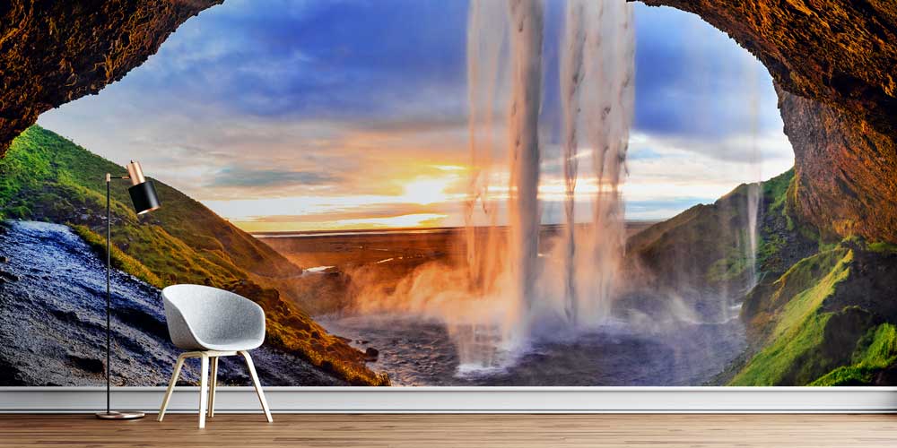Mağara İçinden Gün Batımı Şelalesi Manzaralı Doğa Duvar Kağıdı 13038