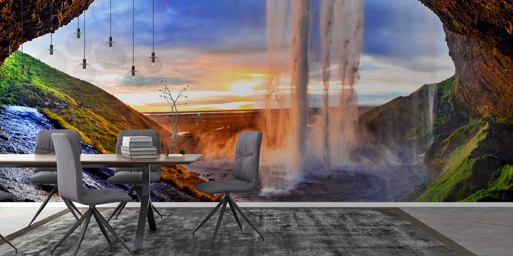 Mağara İçinden Gün Batımı Şelalesi Manzaralı Doğa Duvar Kağıdı 13038