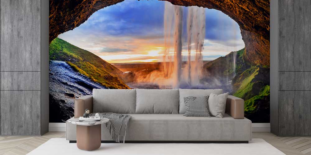 Mağara İçinden Gün Batımı Şelalesi Manzaralı Doğa Duvar Kağıdı 13038