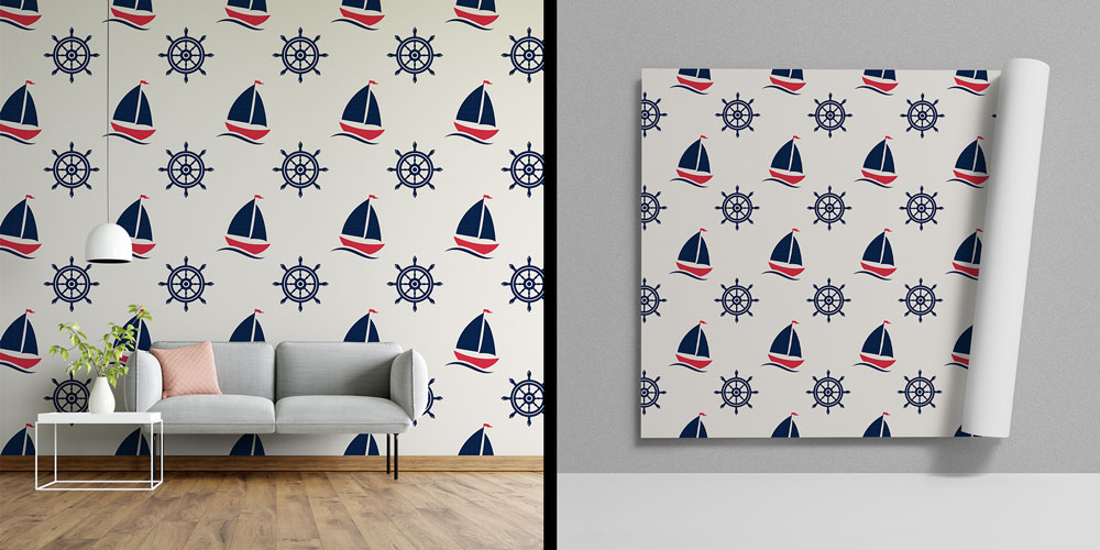 Yelkenli ve Dümen Desenli Marin Duvar Kağıdı 7444