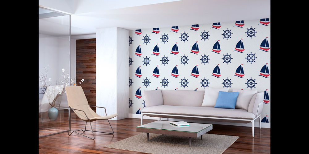 Yelkenli ve Dümen Desenli Marin Duvar Kağıdı 7444