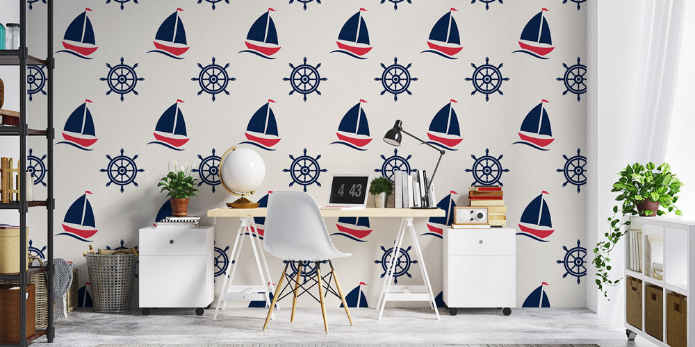 Yelkenli ve Dümen Desenli Marin Duvar Kağıdı 7444