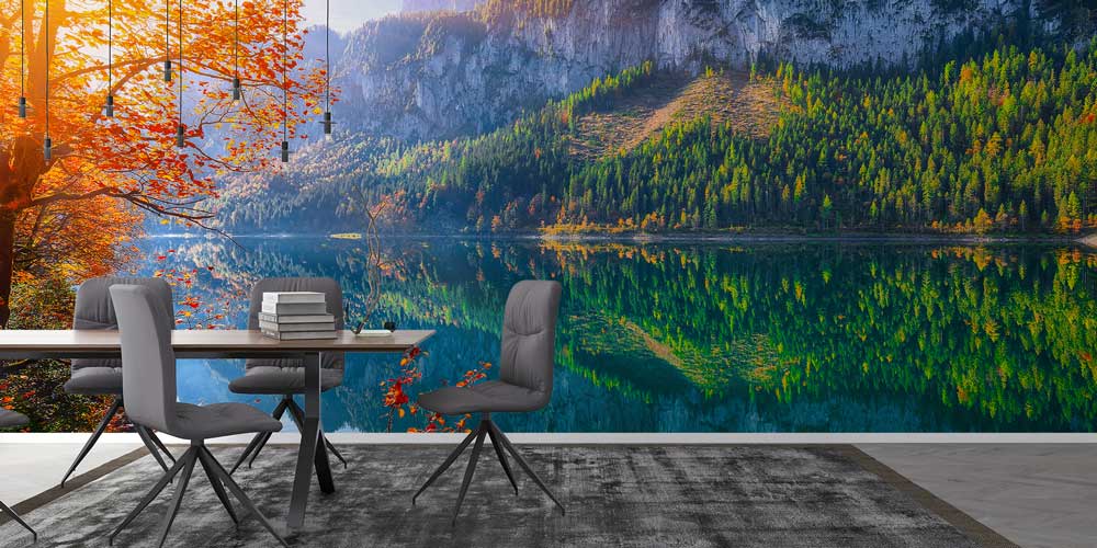 Sonbahar Göl Yansımalı Dağ Manzarası Duvar Kağıdı 13016