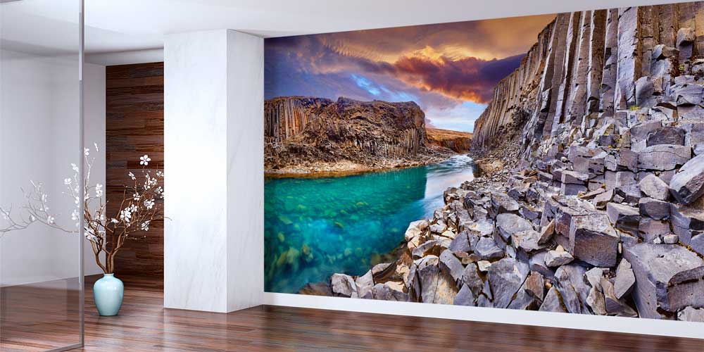 wallpaper-wall-design-13119-01 Bazalt Kayalıklar ve Kanyon Nehri Manzaralı Avrupa Duvar Kağıdı 13119