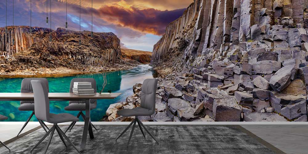 wallpaper-wall-design-13119-02 Bazalt Kayalıklar ve Kanyon Nehri Manzaralı Avrupa Duvar Kağıdı 13119