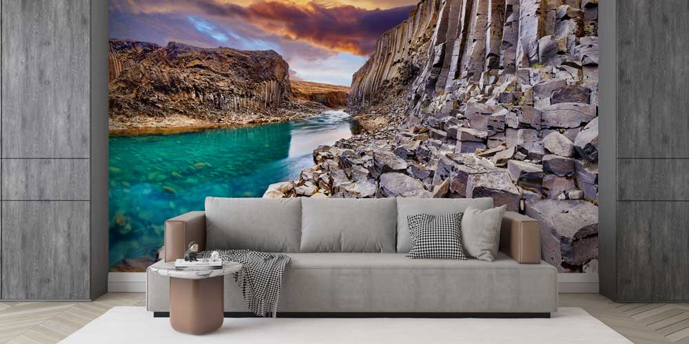 wallpaper-wall-design-13119-03 Bazalt Kayalıklar ve Kanyon Nehri Manzaralı Avrupa Duvar Kağıdı 13119