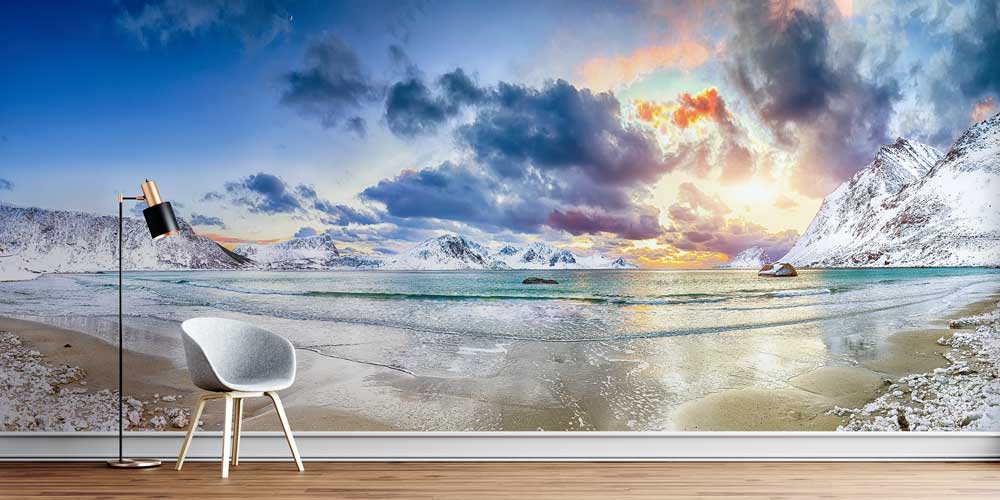 Dolunay eşliğinde deniz üzerinde oluşan kuzey ışıkları aurora borealis manzaralı duvar kağıdı 13136