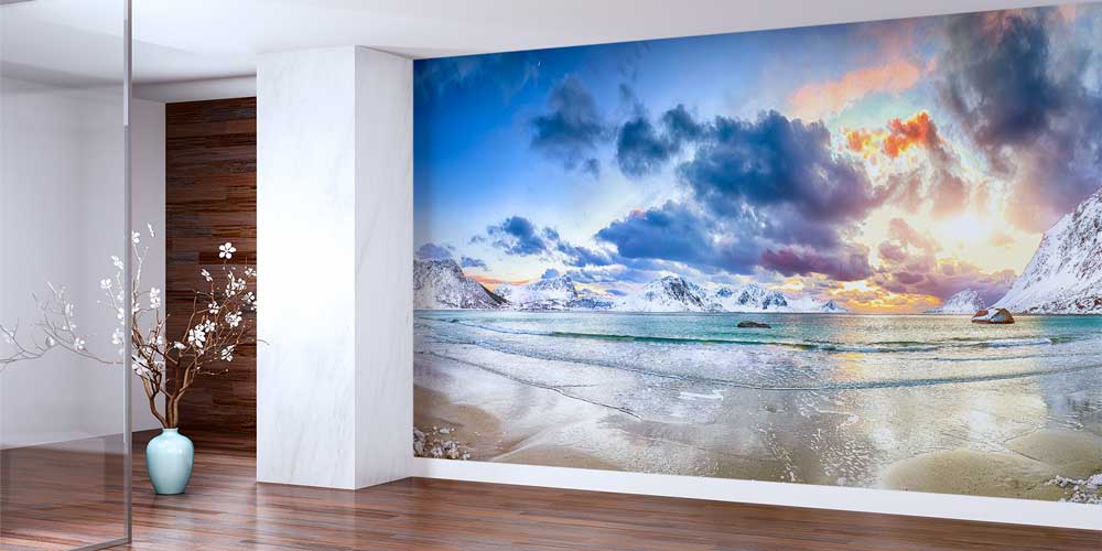 Dolunay eşliğinde deniz üzerinde oluşan kuzey ışıkları aurora borealis manzaralı duvar kağıdı 13136