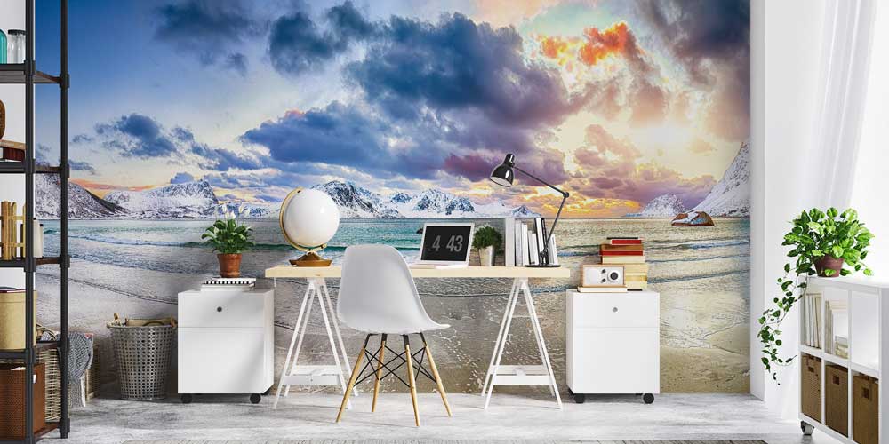 Dolunay eşliğinde deniz üzerinde oluşan kuzey ışıkları aurora borealis manzaralı duvar kağıdı 13136