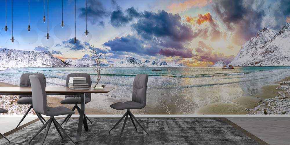 Dolunay eşliğinde deniz üzerinde oluşan kuzey ışıkları aurora borealis manzaralı duvar kağıdı 13136