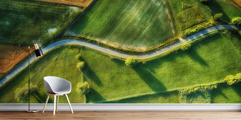 Havadan Yeşil Tarlalar ve Kıvrımlı Yol Manzaralı Duvar Kağıdı 13079