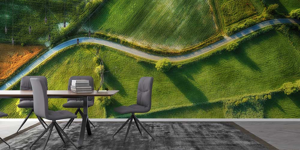 Havadan Yeşil Tarlalar ve Kıvrımlı Yol Manzaralı Duvar Kağıdı 13079