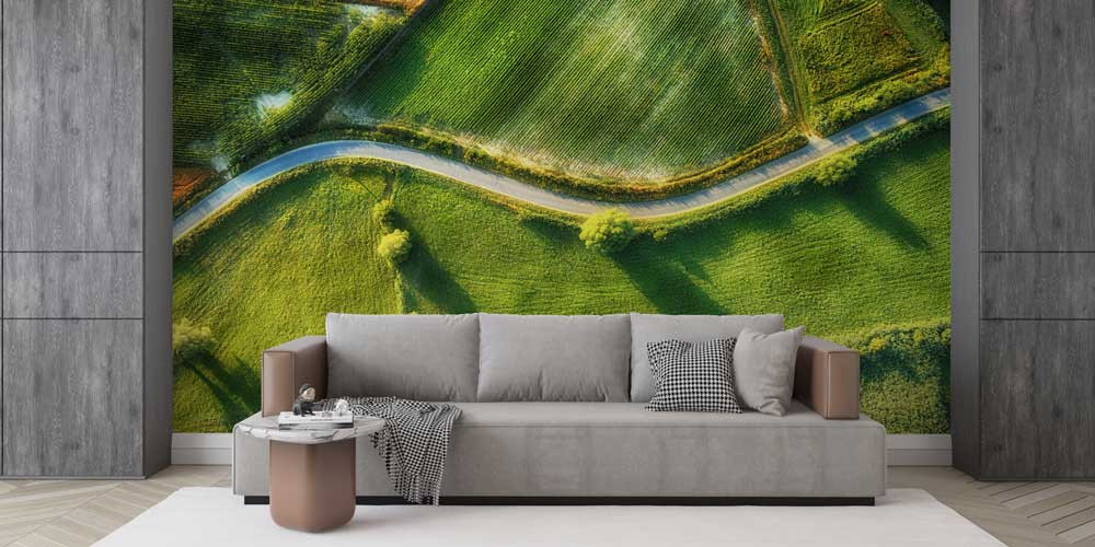 Havadan Yeşil Tarlalar ve Kıvrımlı Yol Manzaralı Duvar Kağıdı 13079
