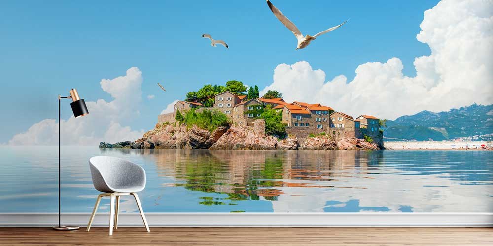 Deniz Üzerindeki Ada Köyü Manzaralı Avrupa Duvar Kağıdı 13099