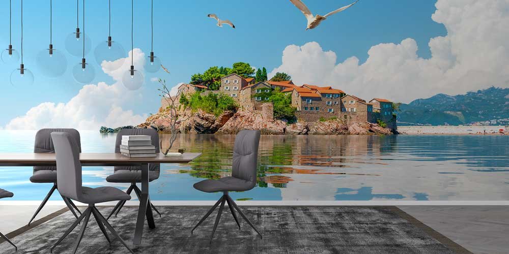 Deniz Üzerindeki Ada Köyü Manzaralı Avrupa Duvar Kağıdı 13099