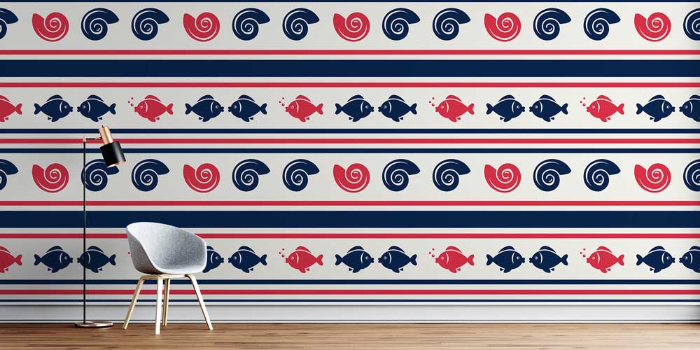Balık ve Spiral Dalga Şerit Desenli Deniz Temalı Duvar Kağıdı 7446