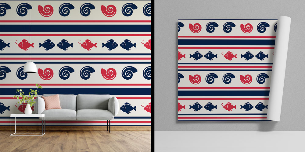 Balık ve Spiral Dalga Şerit Desenli Deniz Temalı Duvar Kağıdı 7446