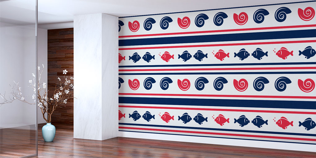 Balık ve Spiral Dalga Şerit Desenli Deniz Temalı Duvar Kağıdı 7446