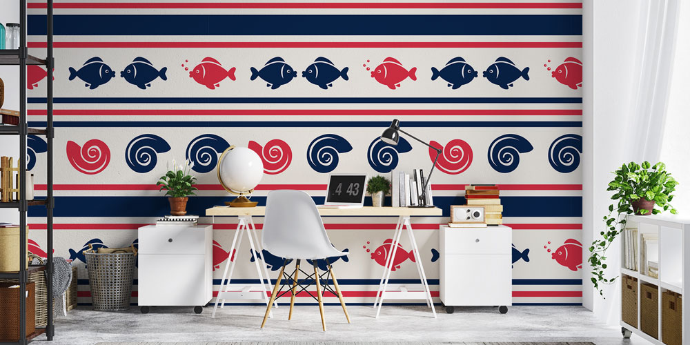 Balık ve Spiral Dalga Şerit Desenli Deniz Temalı Duvar Kağıdı 7446