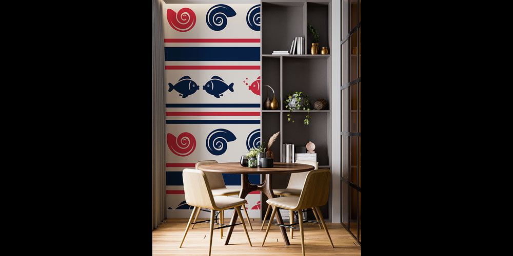 Balık ve Spiral Dalga Şerit Desenli Deniz Temalı Duvar Kağıdı 7446