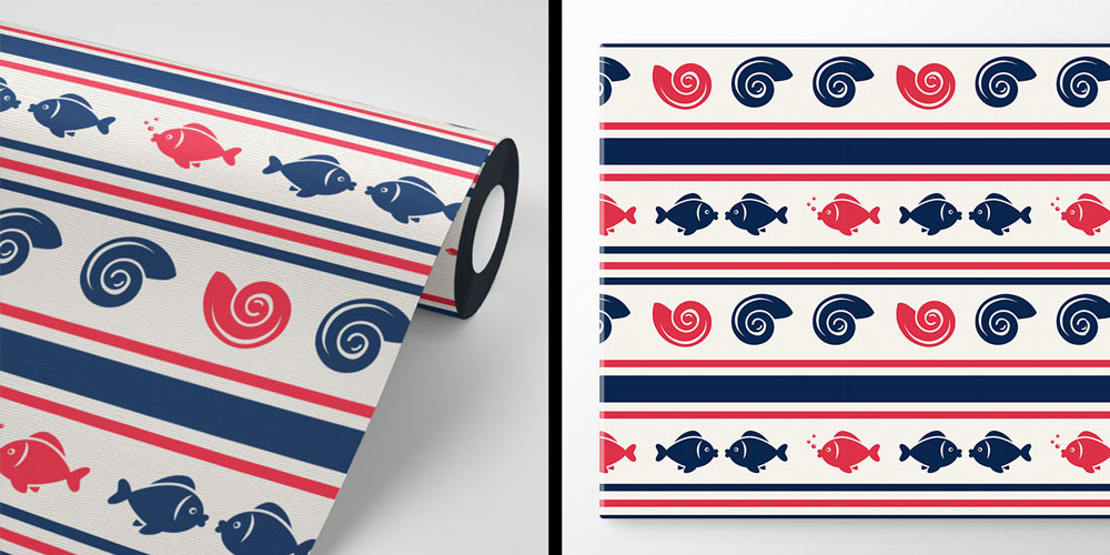 Balık ve Spiral Dalga Şerit Desenli Deniz Temalı Duvar Kağıdı 7446