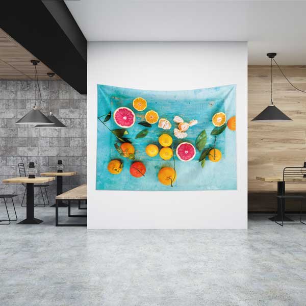yemekhane-duvar-ortusu-12587-00 Mavi Zemin Üzerinde Narenciye Meyveleri Desenli Sağlıklı Beslenme Duvar Örtüsü Kumaş Baskı 12587