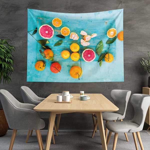 Mavi Zemin Üzerinde Narenciye Meyveleri Desenli Sağlıklı Beslenme Duvar Örtüsü Kumaş Baskı 12587