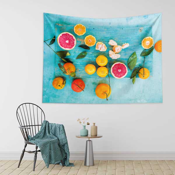 Mavi Zemin Üzerinde Narenciye Meyveleri Desenli Sağlıklı Beslenme Duvar Örtüsü Kumaş Baskı 12587