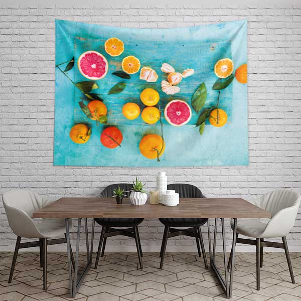 Mavi Zemin Üzerinde Narenciye Meyveleri Desenli Sağlıklı Beslenme Duvar Örtüsü Kumaş Baskı 12587