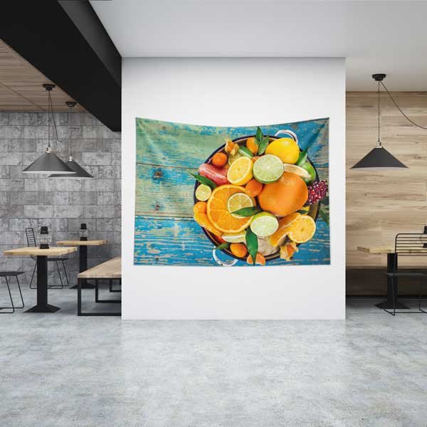 yemekhane-duvar-sanati-12585-00 Renkli Narenciye Meyveleri Temalı Sağlıklı Beslenme Duvar Örtüsü Kumaş Baskı 12585